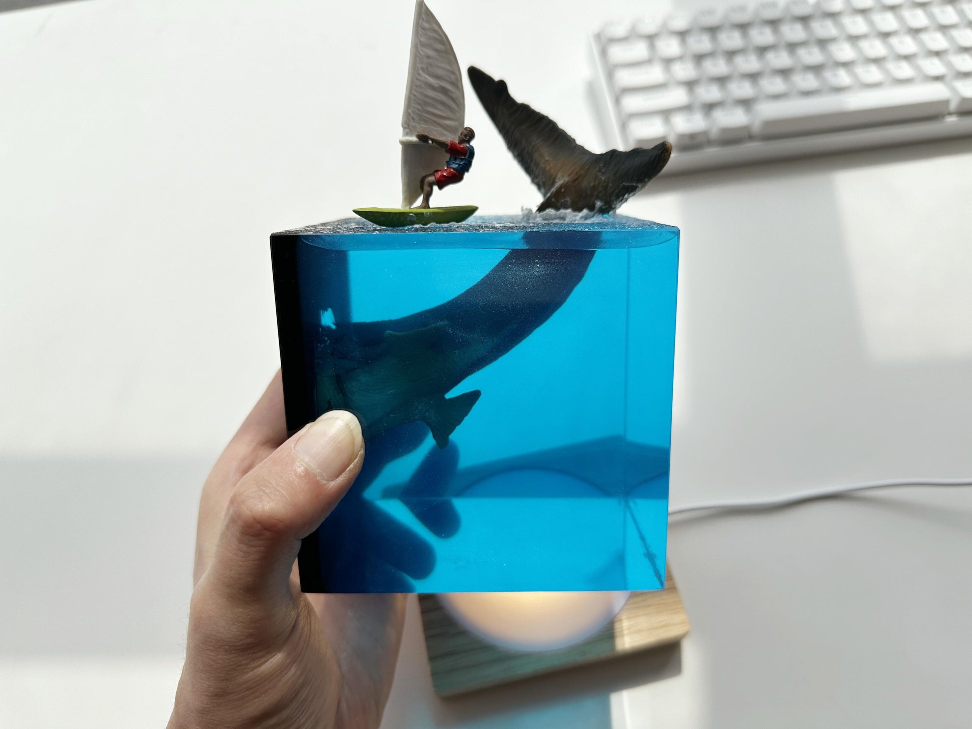 Megalodon Shark Tail Night Light Lamp, Maneater, Sailboat & Waves, Aritsan Resin Cube, Ocean Night Light, Desk Setup, Custom Gift. - HiJenney