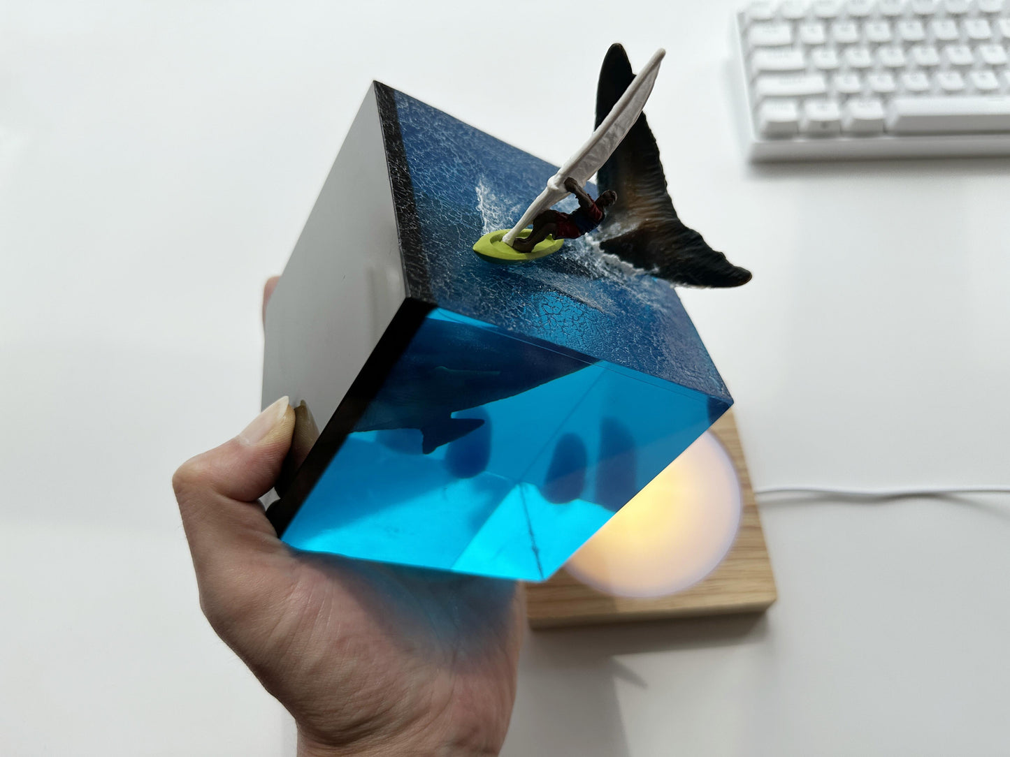 Megalodon Shark Tail Night Light Lamp, Maneater, Sailboat & Waves, Aritsan Resin Cube, Ocean Night Light, Desk Setup, Custom Gift. - HiJenney