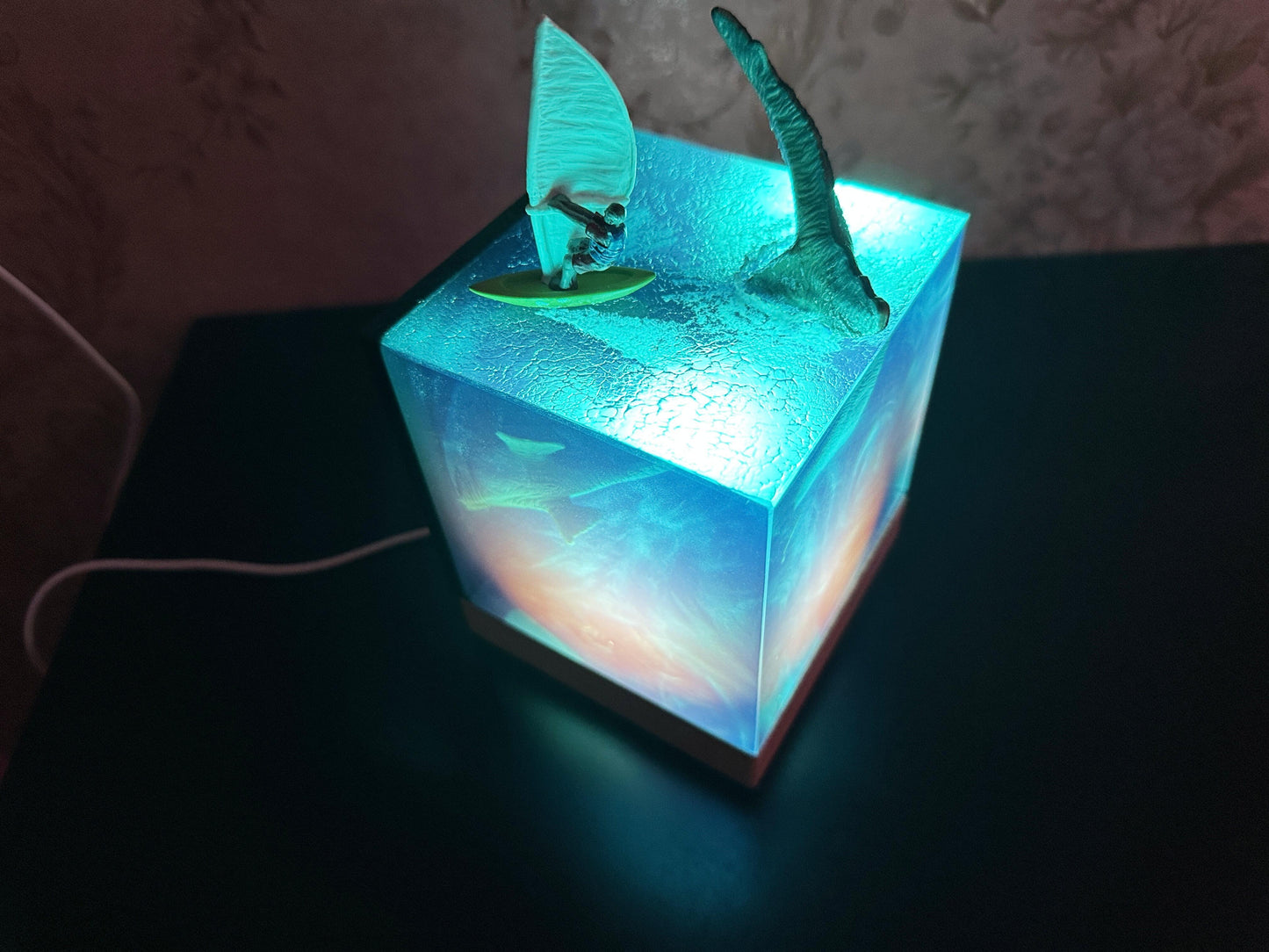 Megalodon Shark Tail Night Light Lamp, Maneater, Sailboat & Waves, Aritsan Resin Cube, Ocean Night Light, Desk Setup, Custom Gift. - HiJenney