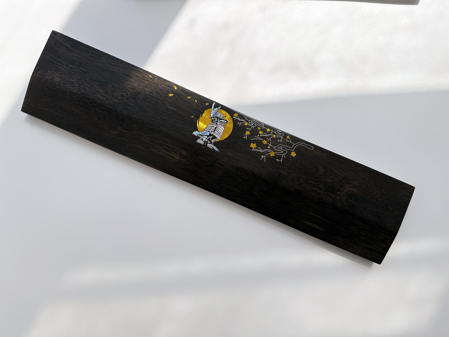 Japanese Samurai Wrist Rest, Daimyo Black Wood Wrist Rest, Mother-Of-Pearl Wrist Rest, Gold Color, Custom Raden Silver logo, Desk Decor Gift. - HiJenney