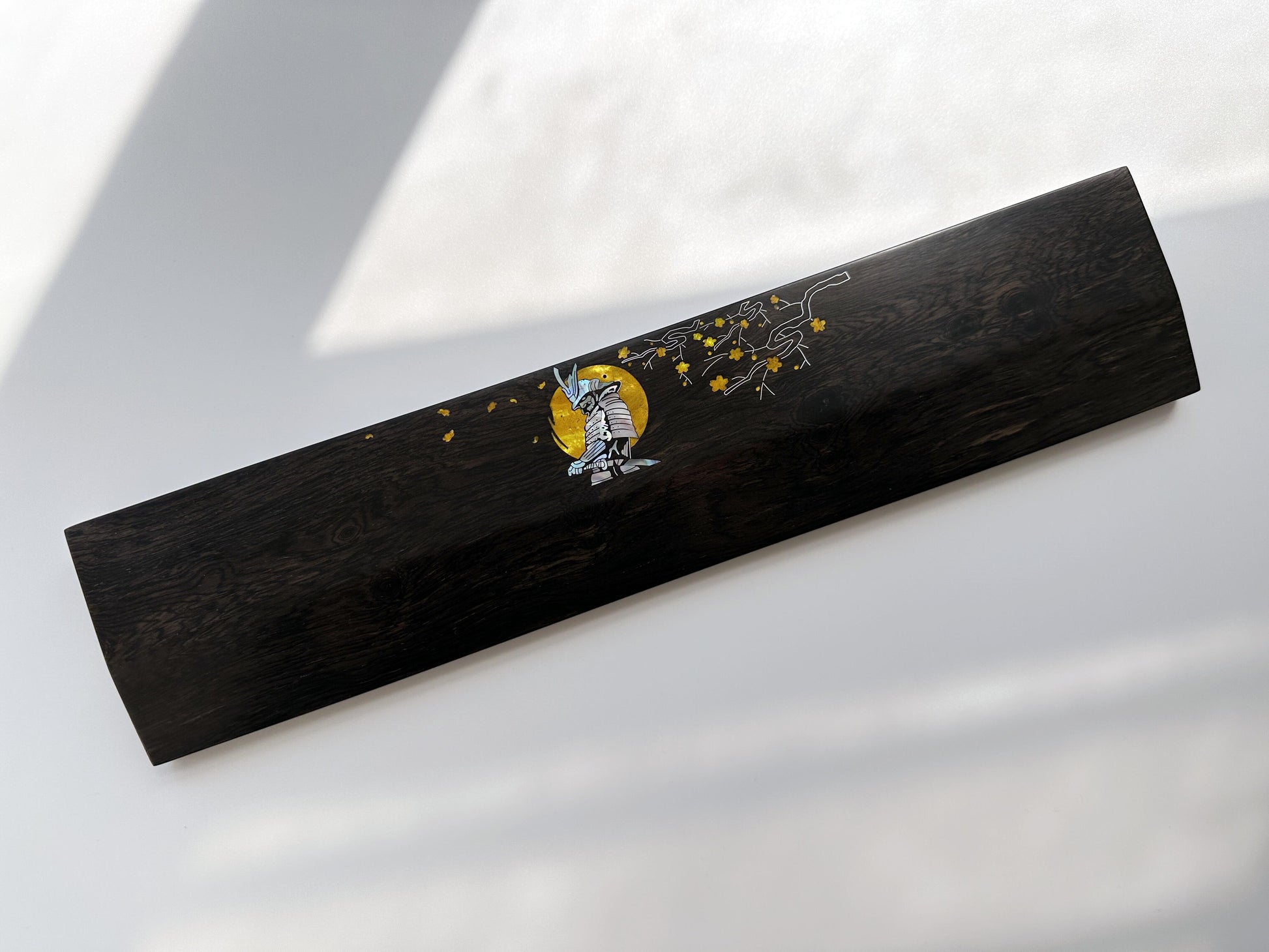 Japanese Samurai Wrist Rest, Daimyo Black Wood Wrist Rest, Mother-Of-Pearl Wrist Rest, Gold Color, Custom Raden Silver logo, Desk Decor Gift. - HiJenney