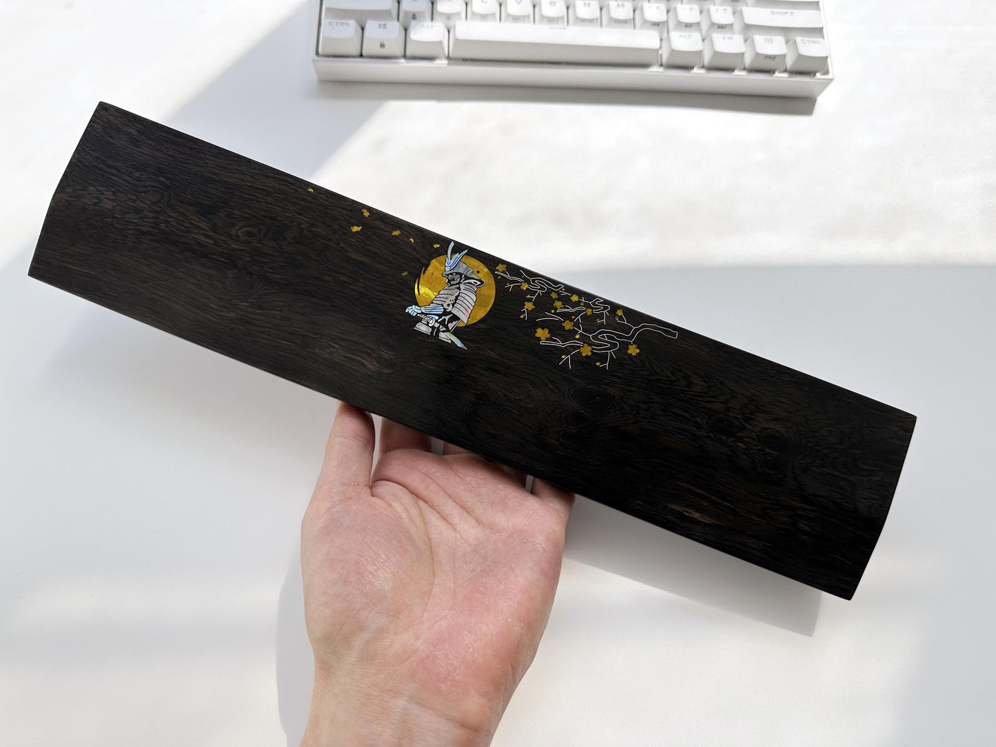 Japanese Samurai Wrist Rest, Daimyo Black Wood Wrist Rest, Mother-Of-Pearl Wrist Rest, Gold Color, Custom Raden Silver logo, Desk Decor Gift. - HiJenney