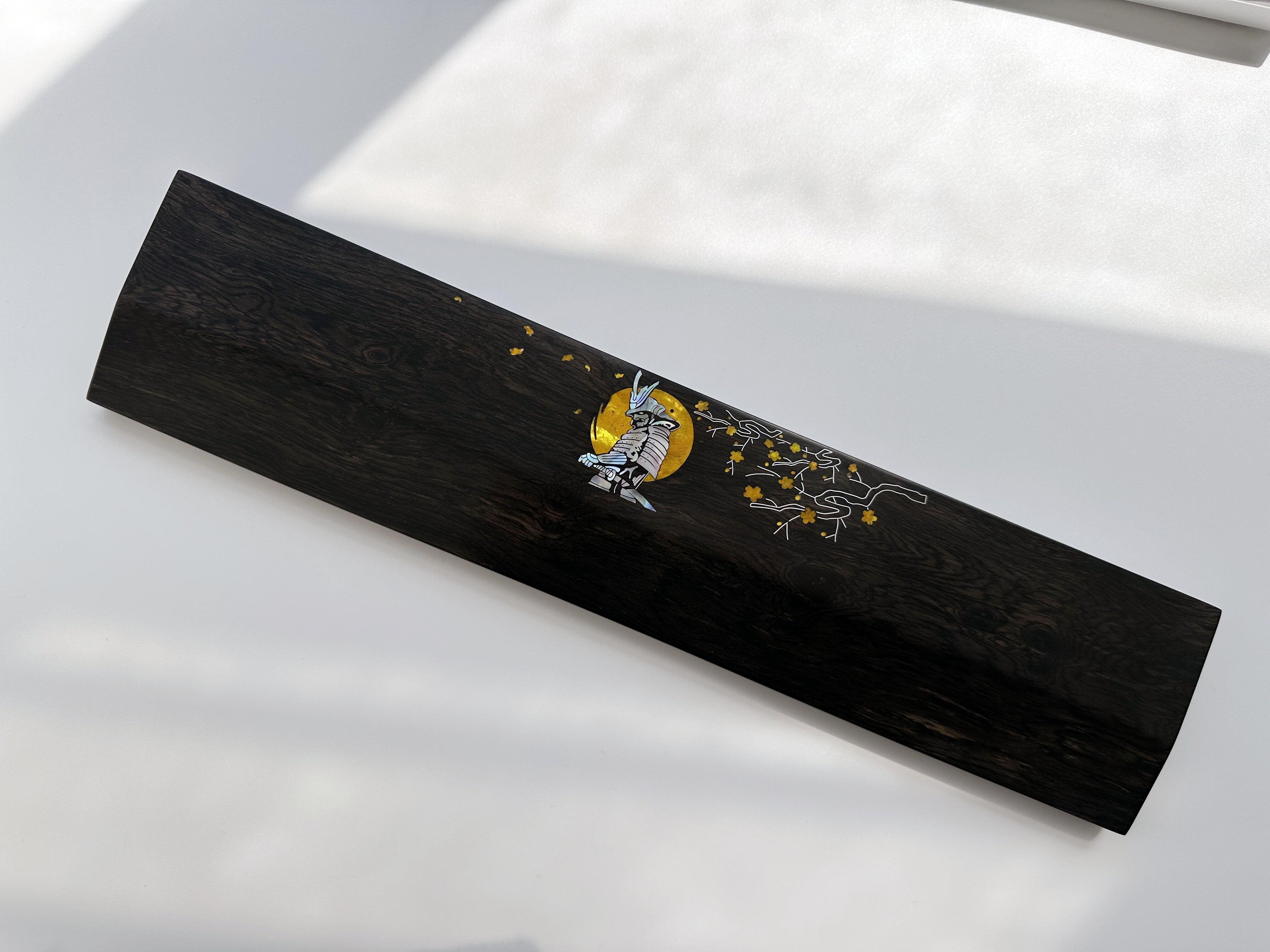 Japanese Samurai Sakura Wrist Rest, Black Wood Keyboard Wrist Rest, Golden Silver Nacre Wrist Rest, Custom, Mother-Of-Pearl. - HiJenney
