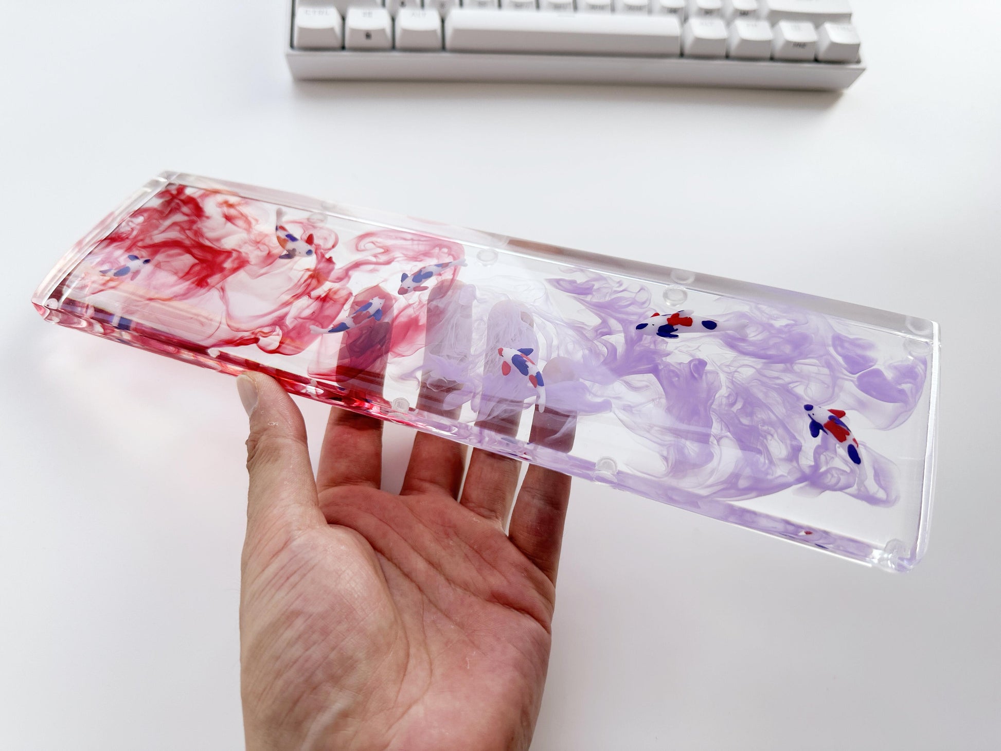 Red Purple Ink Wash Painting Wrist Rests, Koi Fish Pond Wrist Rests, Artisan Clear Resin Wrist Rests, Gaming Setups. - HiJenney