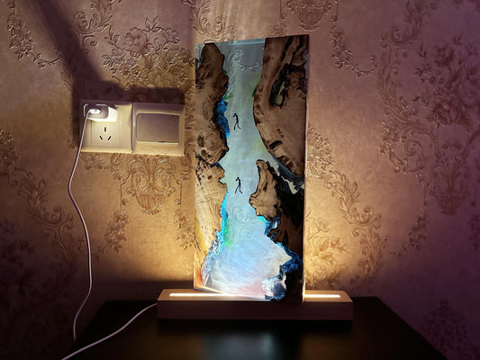 Female Diver Ocean Cave Night Light, Custom Artisan Wood Resin Lamp, Diorama Epoxy Lamp, Seascape Unique Gift. - HiJenney