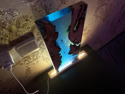 Ocean Cave Night Light, Custom Artisan Wood Resin Lamp, Ladies Diver Seascape Ornament, Desk Decor, Ambient Light, Unique Gift. - HiJenney