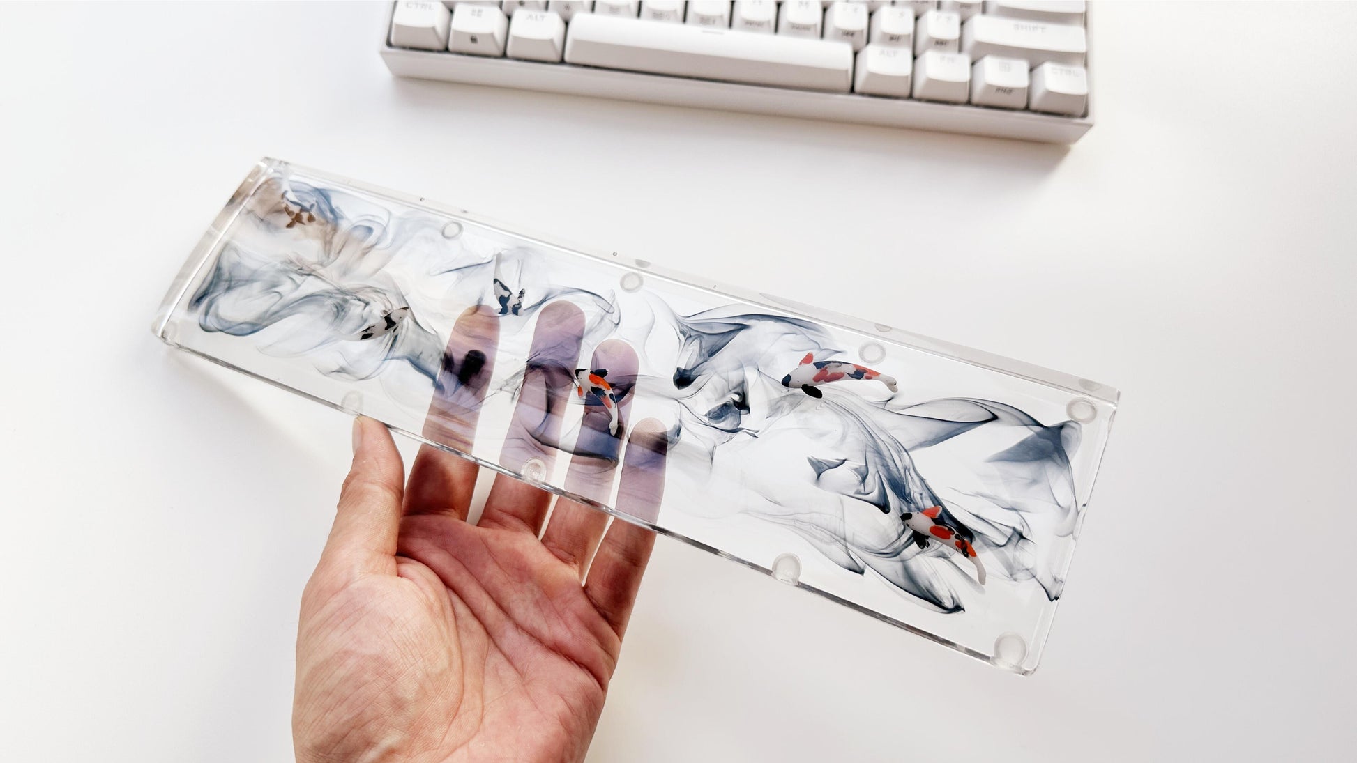 Black Ink Smoke Koi Fish Pond Wrist Rest, Artisan Clear Resin Keyboard Wrist Rest, Ink Painting Wrist Rest, Custom Gaming Setup. - HiJenney