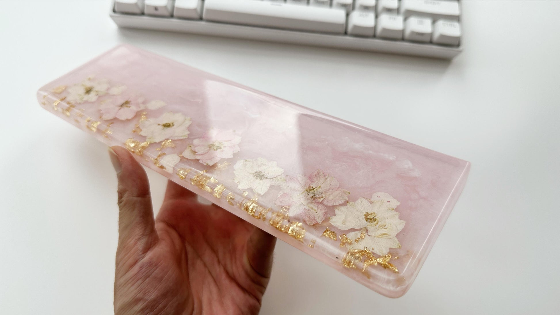 Pearlescent Pink Flowers Wrist Rest, Pink Sakur Petal Wrist Rest, Gold Foil Wrist Rest, Artisan Resin Wrist Rest, Personalized Gift. - HiJenney