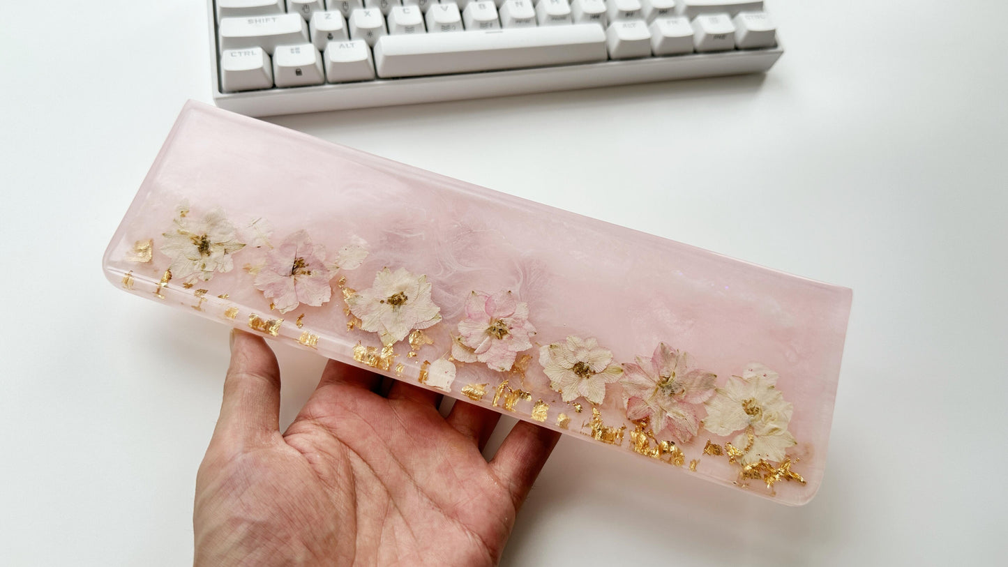 Pearlescent Pink Flowers Wrist Rest, Pink Sakur Petal Wrist Rest, Gold Foil Wrist Rest, Artisan Resin Wrist Rest, Personalized Gift. - HiJenney