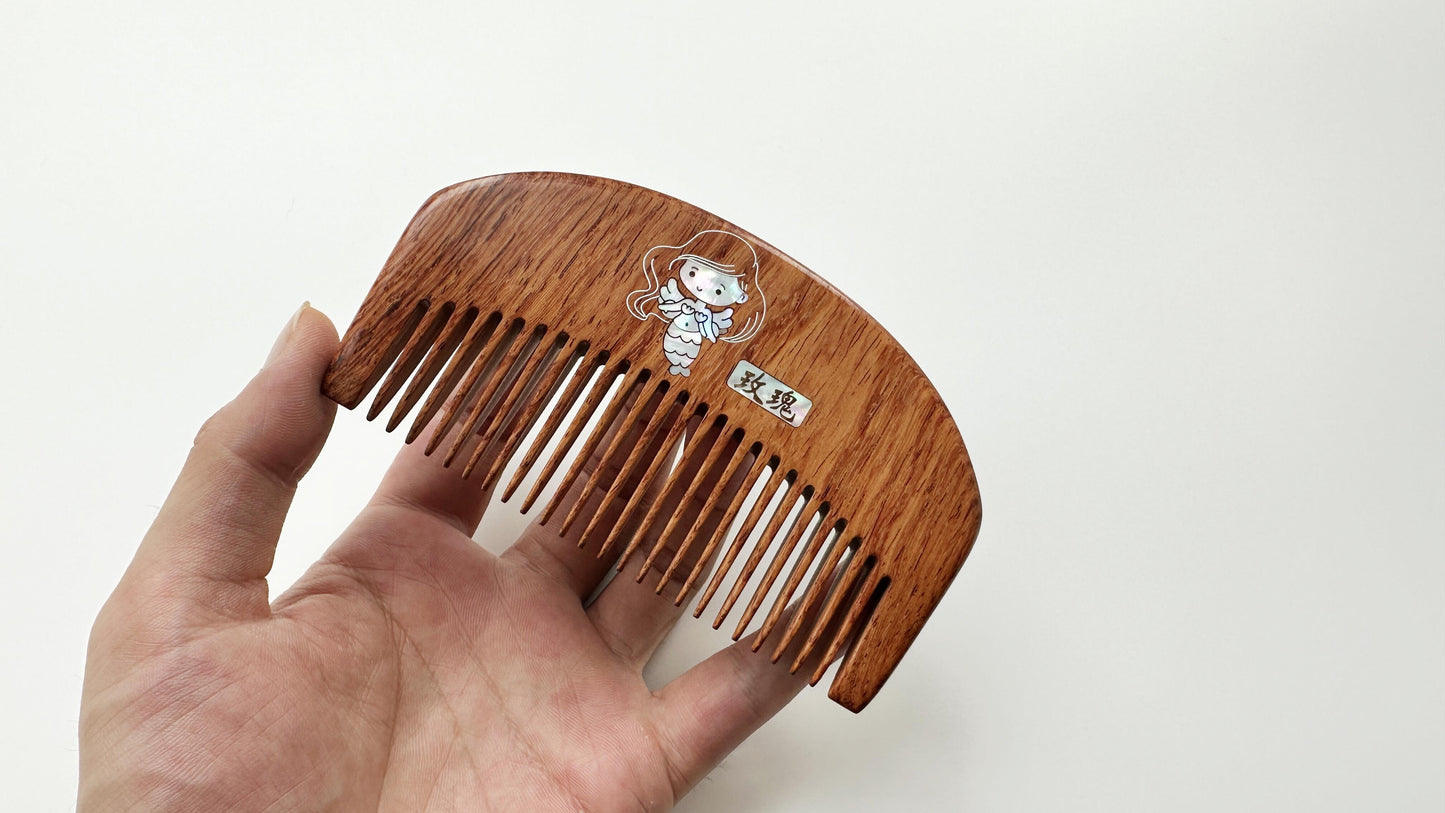 Cute Little Mermaid Wood Comb, Asiatic Rosewood Raden Comb, Classical Artisan Mother Of Pearl Comb, Oriental Retro Art Jewelry, Gift For Her. - HiJenney